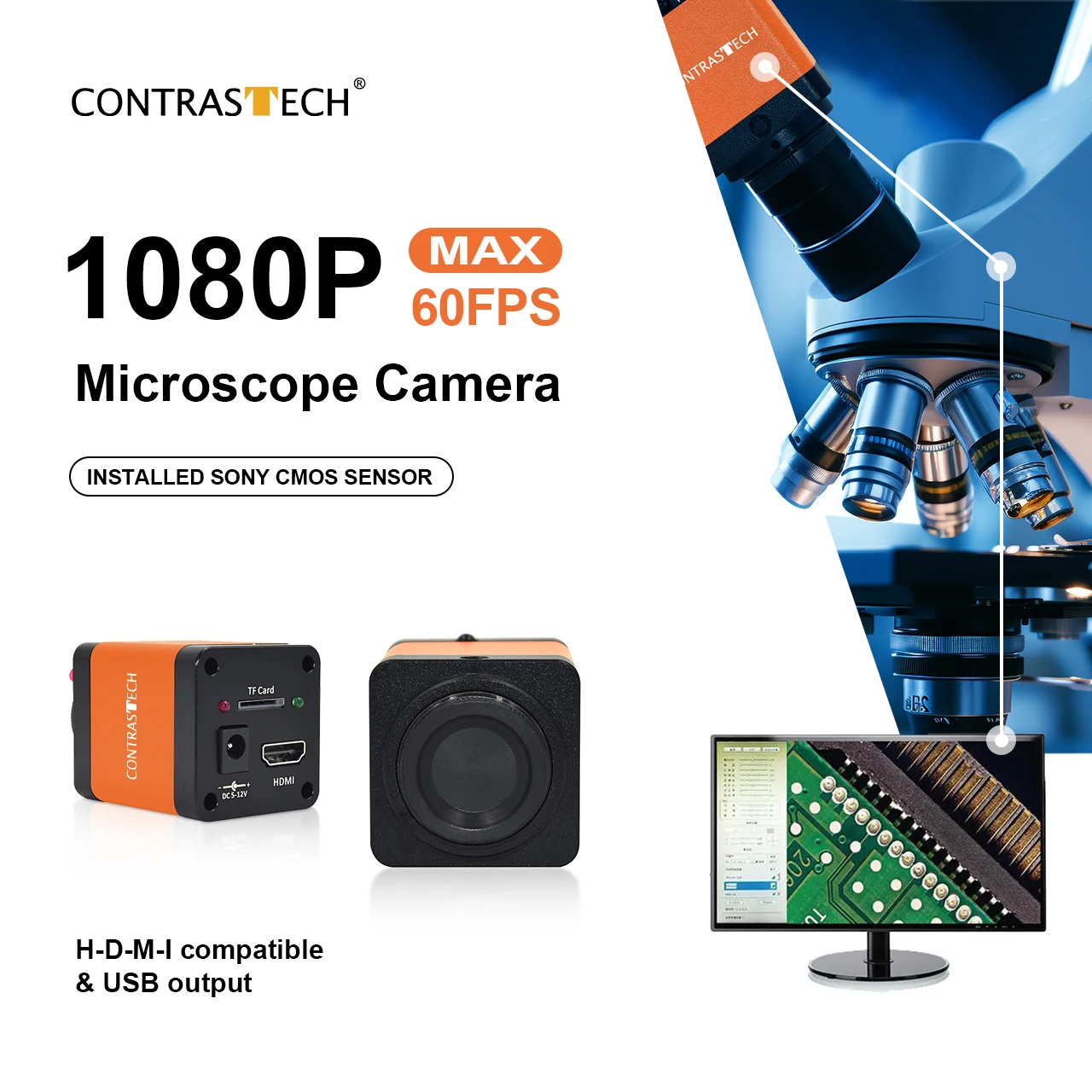 1080p 60FPS HDMI USB Inspection Digital Microscope Camera With Line Overlay & Crosshair  Frame