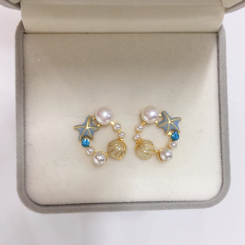 ZHBORUINI Natural Freshwater Pearl Earrings Cute Starfish Shell 14K Gold-Plated Pearl Female Jewelry S925 Silver Ear Needles