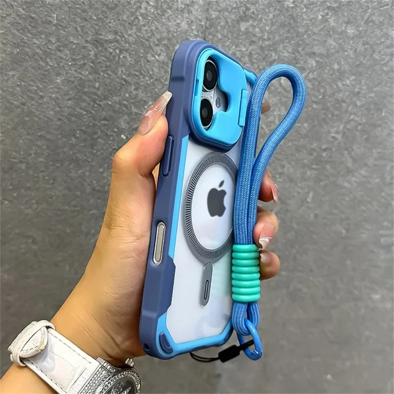 Armor Candy Color Clash For Magsafe Phone Case For iPhone 11 12 13 14 15 16 Pro Max Plus Stand With Wrist Strap Phone Back Cover