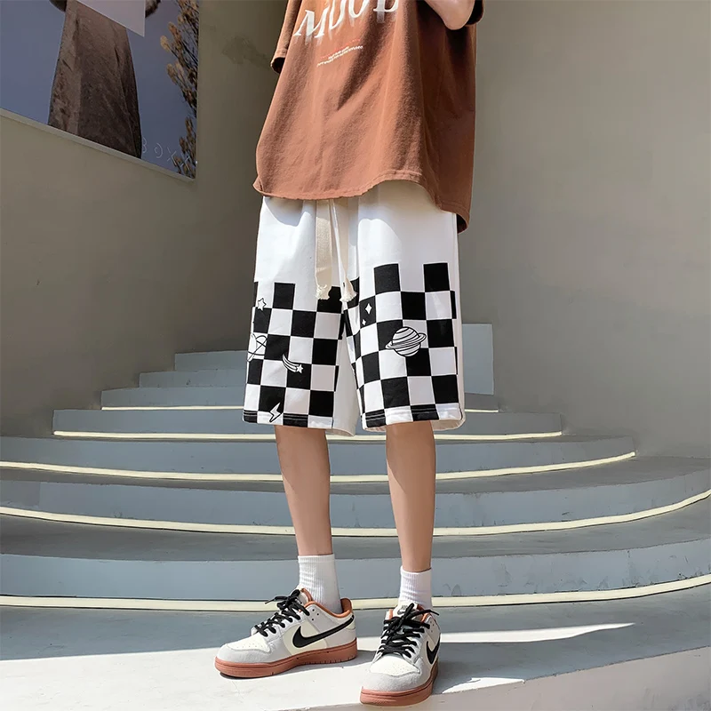 Korean Plaid Printed Casual Shorts Fashion Cartoon Loose Men's Clothing Elastic Drawstring 2024 Summer Straight Basic Knee Pants