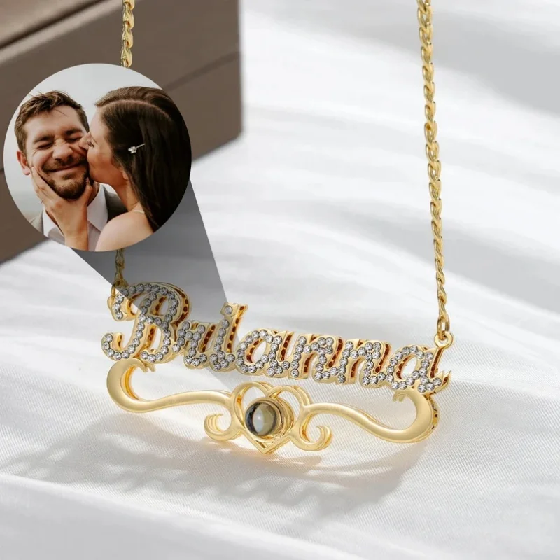 Custom Name Iced out Projection Photo Necklace Personalized Bottom Heart Valentine's Day Gift