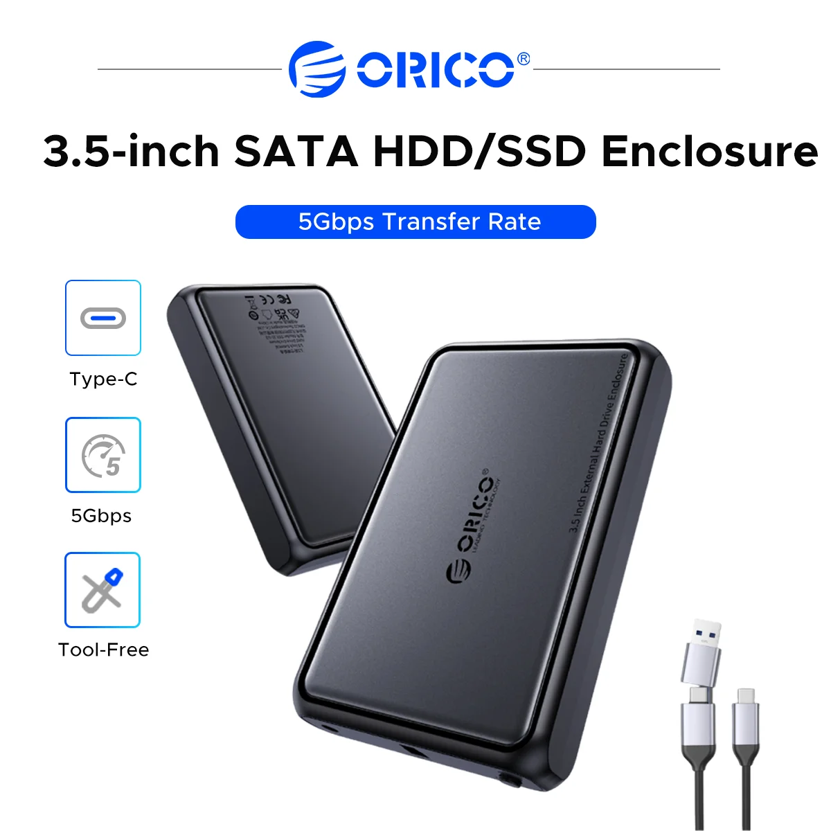 ORICO 3.5" SATA Hard Drive Enclosure Tool-Free External HDD SSD Case Type-C USB3.0 5Gbps Support 18TB For 2.5/3.5" SATA Disk