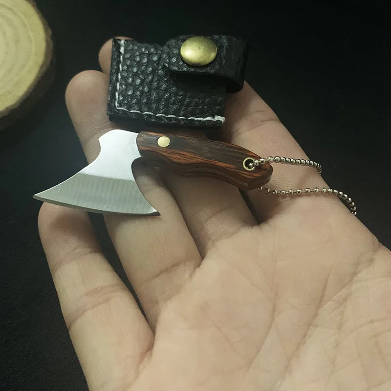 Mini 440 Stainless Steel Axe Hatchet Pocket Knife Keychain EDC Full Tang Wood Handle Gift with Sheath Keyring Box Cutter Tools