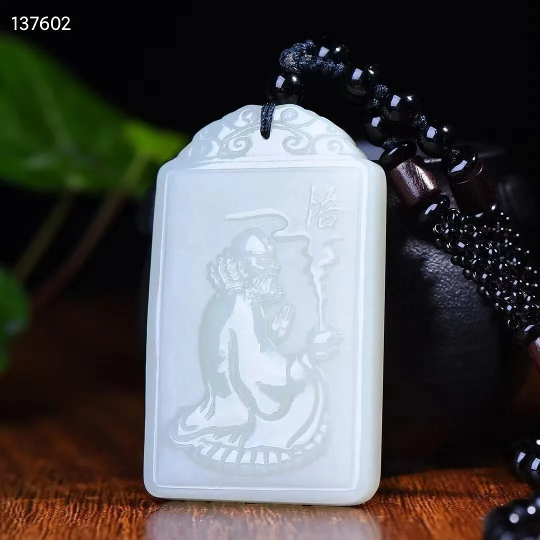 Natural 100% real green white hetian jade carve Enlightenment Bless peace pendant necklace jewellery for men women gifts luck