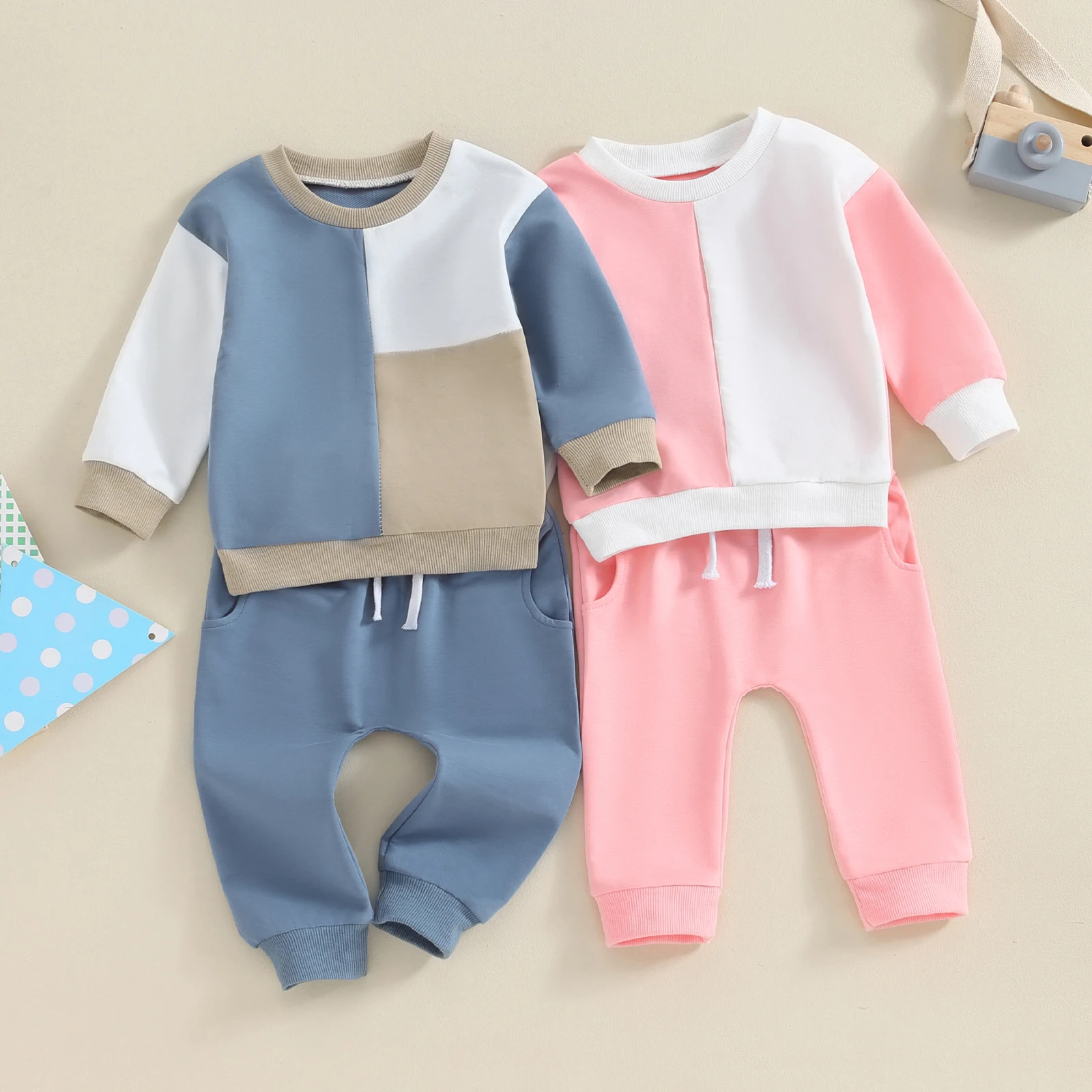 

Toddler Baby Boys Girls Fall Outfits Contrast Color Long Sleeve Sweatshirts Solid Color Long Pants 2Pcs Clothes Sets Tracksuits