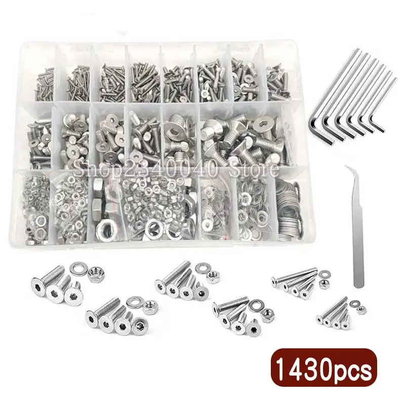 

1430Pcs/set Stainless Steel Hexagon Hex Socket Flat Screw M2 M2.5 M3 M4 M5 M8 Screws Nuts and Washers Assortment Kit With Wrench