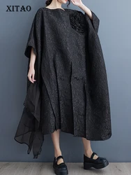 XITAO Gauze Patchwork Batwing Sleeve Dresses Asymmetrical Solid Color Three-dimensional Decoration Loose Dress Spring DMJ3845