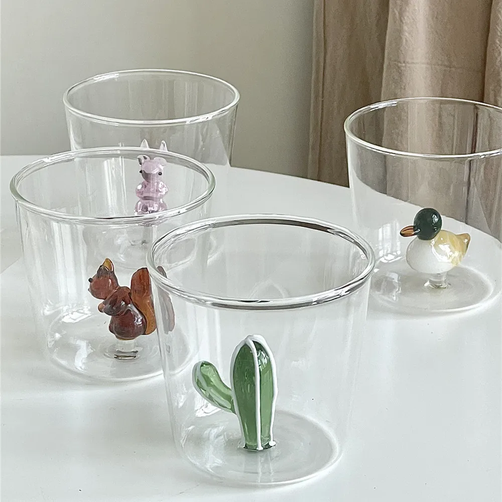 Creative Water Tumbler Glass Cup 3D Cactus Squral Bunny Rabbit Duck Duckling Clear Cup Table Decor Drinkware 1 Piece