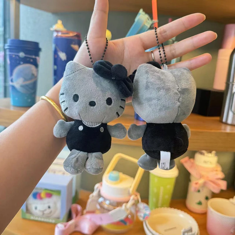 Sanrios – porte-clés en peluche gris charbon de bois Hellokittys, poupée suspendue, jouet pour sac à main, jouets de décoration, fourre-tout, accessoire cadeaux