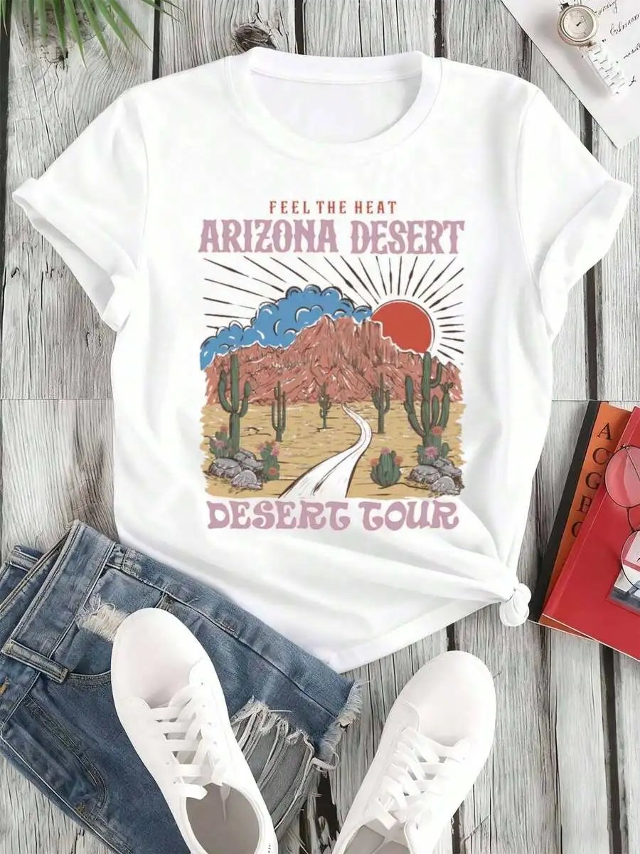 Camiseta blanca con cuello redondo para mujer, Arizona Desert Heat Tour, divertida, con estampado genial, para primavera y verano, para uso diario, fin de semana, informal, de manga corta