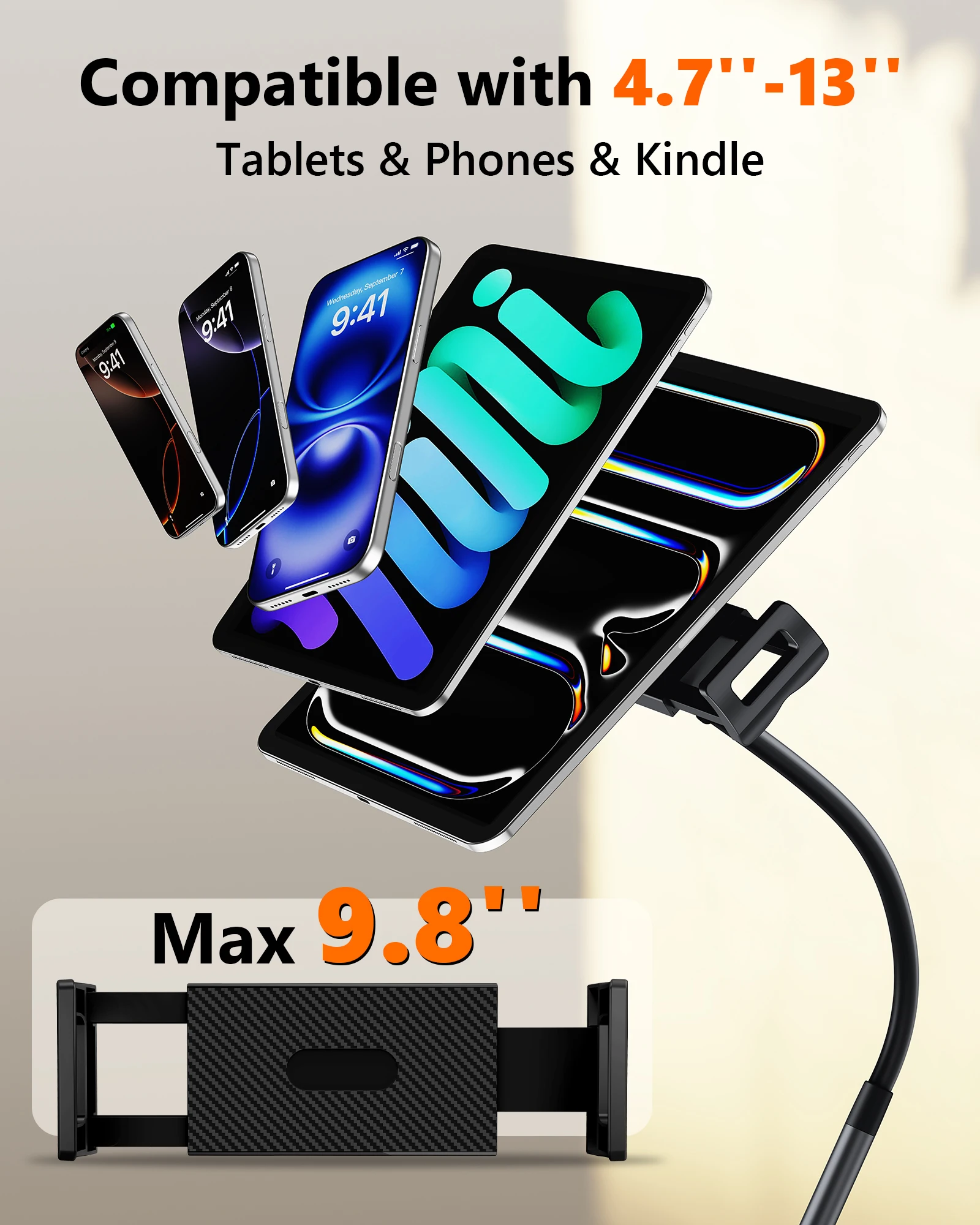 Eary Gooseneck Kindle & Phone Tablet Holder for Bed Flexible Long Arm Clamp Mount for Hands-Free Reading Desk Stand for 4.7"-13"