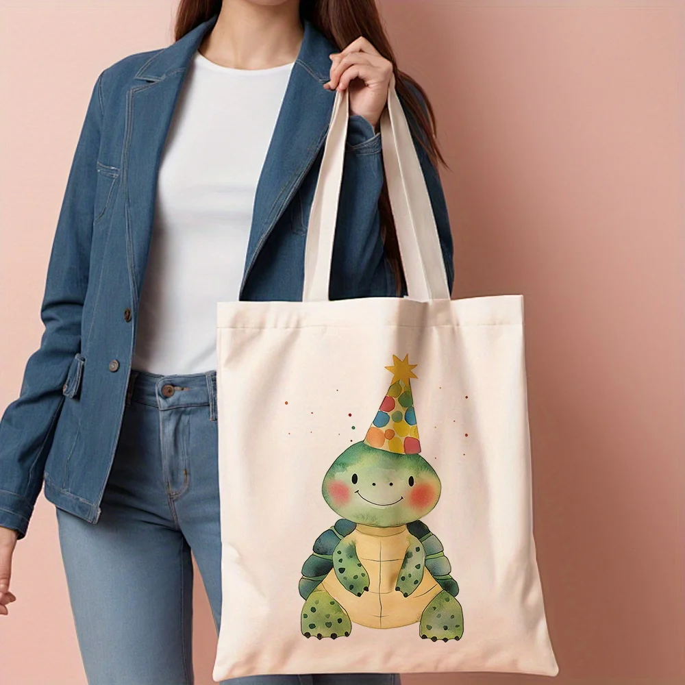 1pc, Turtle with Party Hat Canvas Tote Bag Reusable Grocery Bags (35.05cm x 40.13cm), Cute Animal Illustration Shoulder Bag for