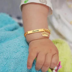 Pulsera de identificación con nombre personalizada, brazalete de corona de eslabones de cadena curva de acero inoxidable, no alérgico, regalo para niño y niña