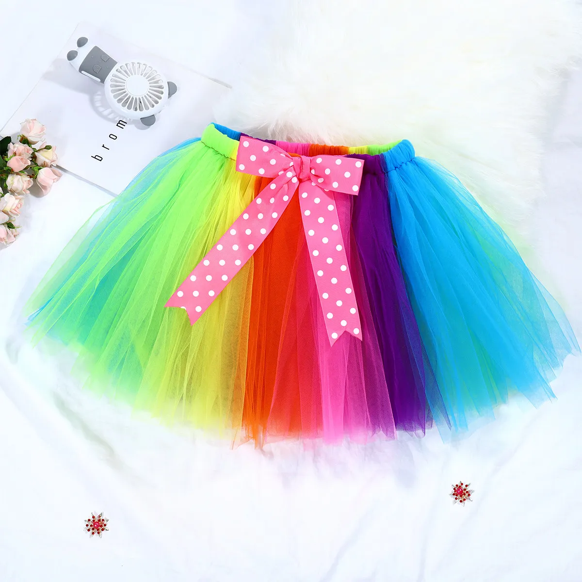 Kids Rainbow Mesh Tutu Skirt Baby Girl Unicorn Dress Size M Elastic Waist Bowknot Ribbon Carnival Ballet Dance Birthday Party