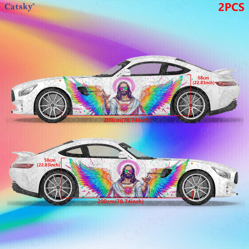 2pcs Psychedelic Cyber Jesus Car Side Decals Self-Adhesive PVC Waterproof & Scratch-Resistant Stickers, Fashionable Decals