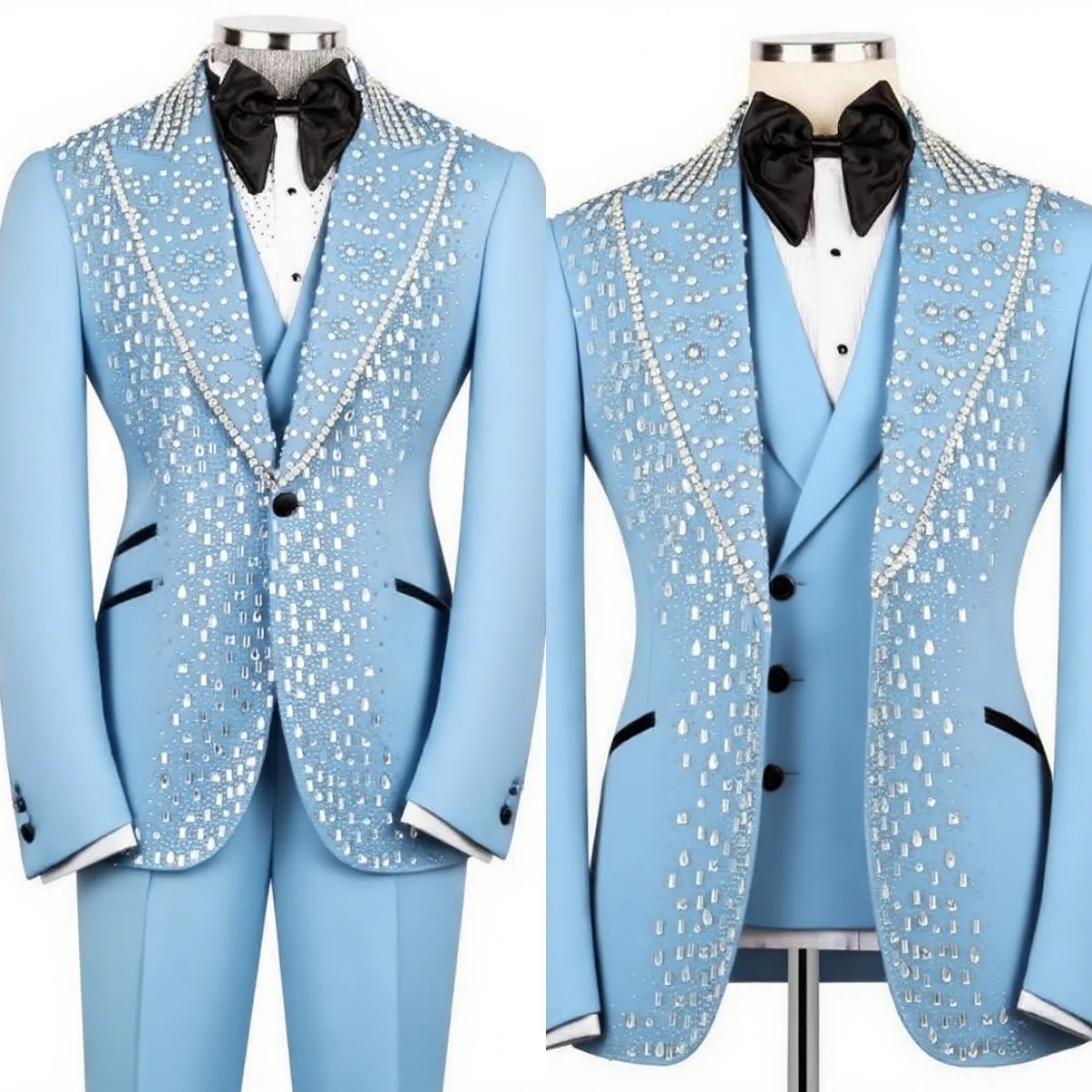 

Exquisite Crystal Men Suits For Wedding Peak Lapel Slim Fit Tuxedos Groom Party 2 Pcs Blazer Pants Party Customized Suit