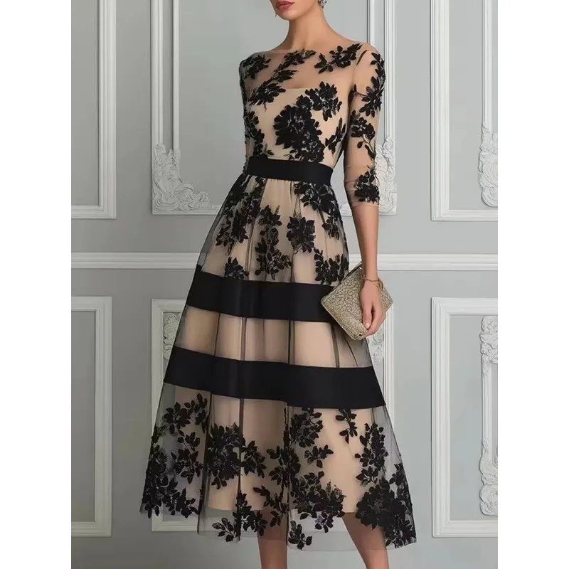 Women Mesh Formal Dress Off Shoulder 3/4 Sleeve Flocked Floral Stripe Waist Cinching Elegant Party Dress