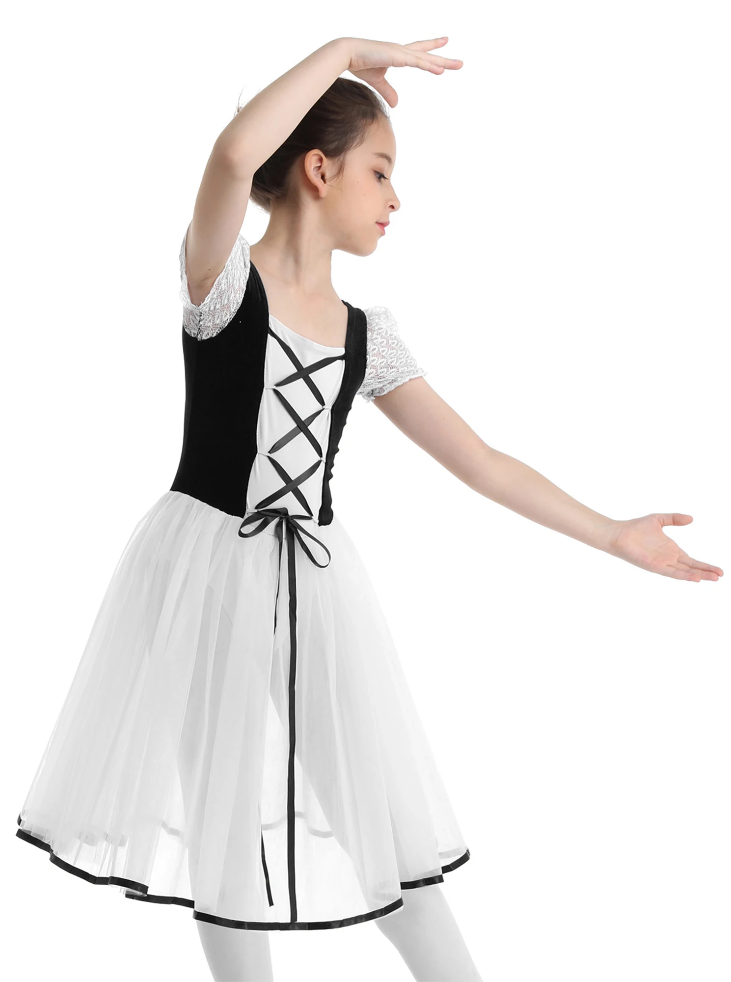 Kids Girls Mesh Lace Short Bubble Sleeves Ballet Dance Gymnastics Leotard Tutu Dress Ballerina Dancewear Performance Dresses