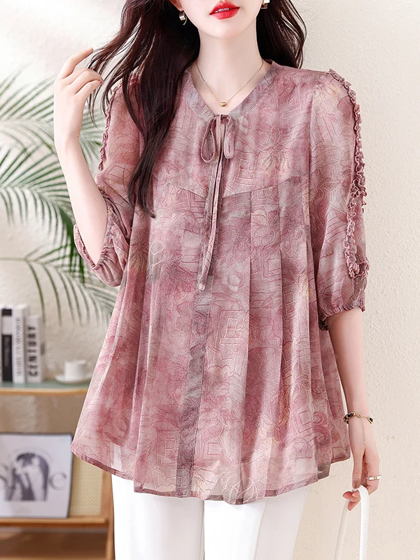 

Fashionable Print Women's Shirt Waist-Cinching Versatile Age-Defying Polyester Fiber Lantern Sleeve V-Neck Regular Length