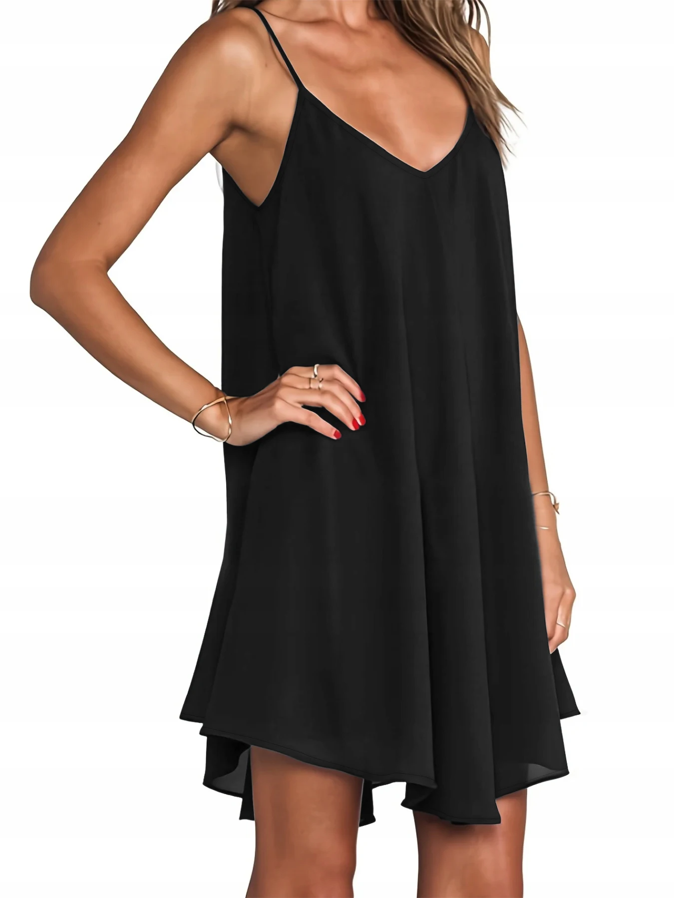 Vestido largo de punto con cuello en V y dobladillo asimétrico de color liso, talla grande, con tirantes finos, suave, cómodo, elegante, informal, ligero, para todas las estaciones, sin mangas, para mujeres con curvas.