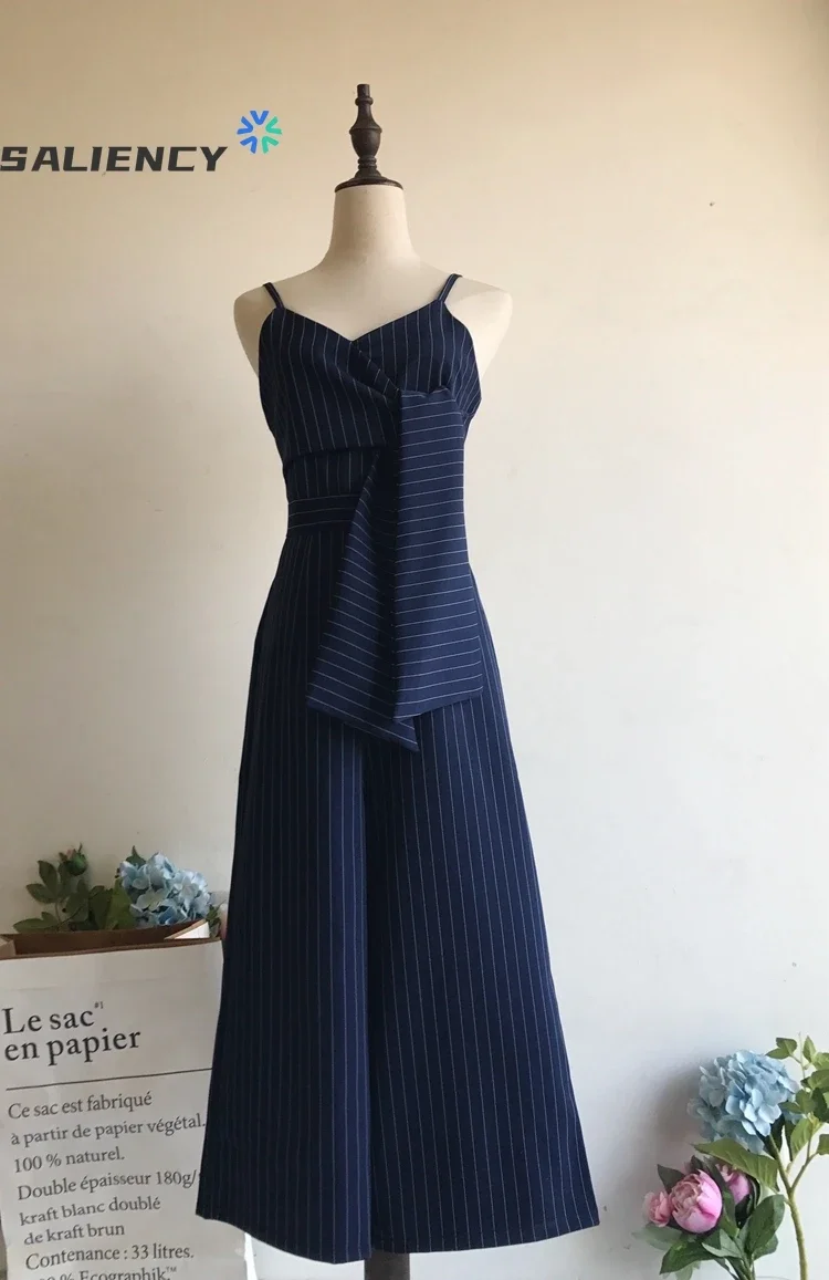 

Striped Jumpsuit Women's Spring 2021 Suspenders Casual Pants Suspenders Nine-point Wide-leg Pants Cover Slim and High Waist