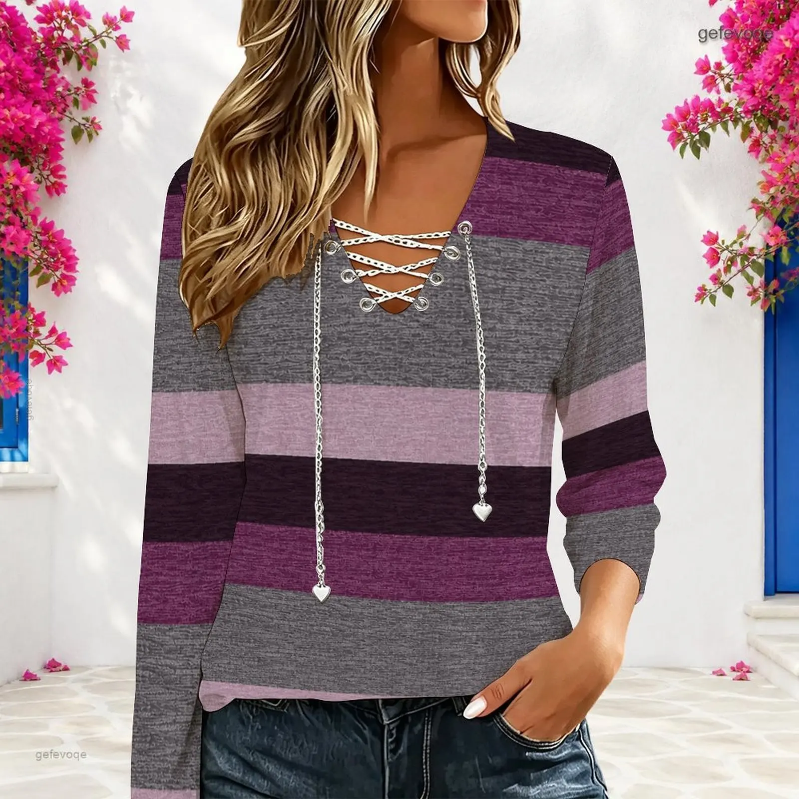 Women Striped Print V Neck Chain Lace Up Long Sleeve Top
