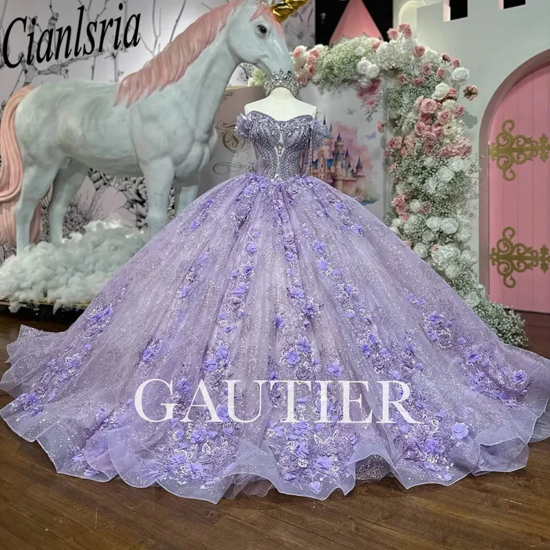 فستان كوينسيانيرا مطرز بالخرز أرجواني فستان حفلة زهور ثلاثية الأبعاد مزين بالدانتيل مشد حلو 16 فيستدوس دي XV 15 أنوس #6