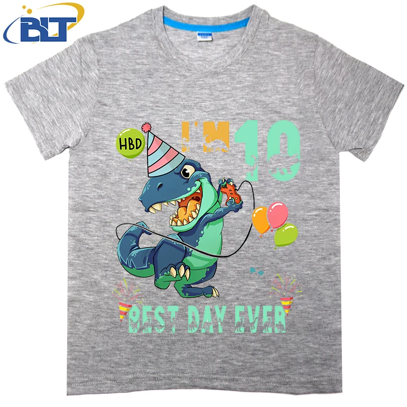 10th birthday funny dinosaur boy printed kids T-shirt summer cotton short-sleeved casual top suitable for both boys and girls