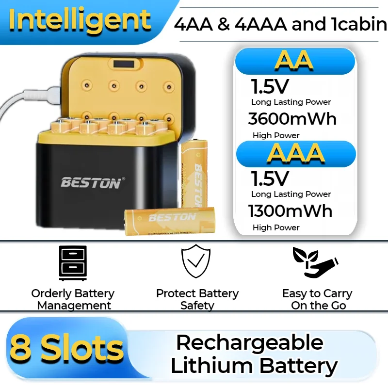 

8-Slot Smart Fast Battery Charger for AA AAA 1.5V Lithium Rechargeable Batteries with USB-C Port Universal Home Travel Use