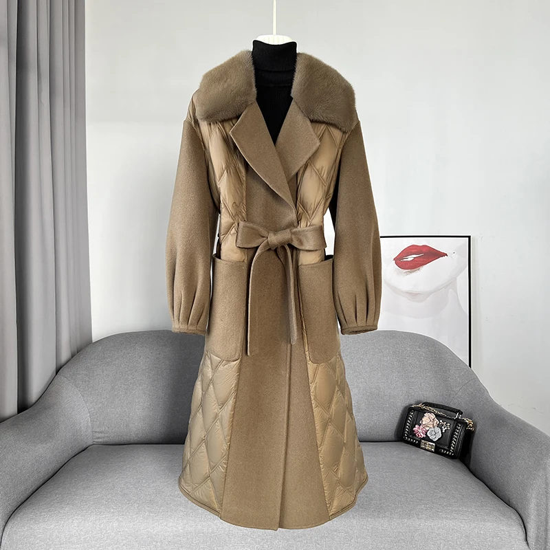 

PUDI New Women Duck Down Trench Coat Real Wool Blend Winter Long Jacket With Mink Fur Collar CT2154