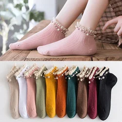 Spring and Summer New Women's Socks Fungus Lace Pearl Socks Fashion Vertical Strips in The Nail Beads Cotton Socks Calcetines