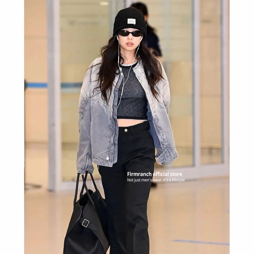 Firmranch 2024 New Korean Fashion Jennie Outfits Heavy Jeans Jackets For Women Loose Streetwear Denim Coat Spring Autumn