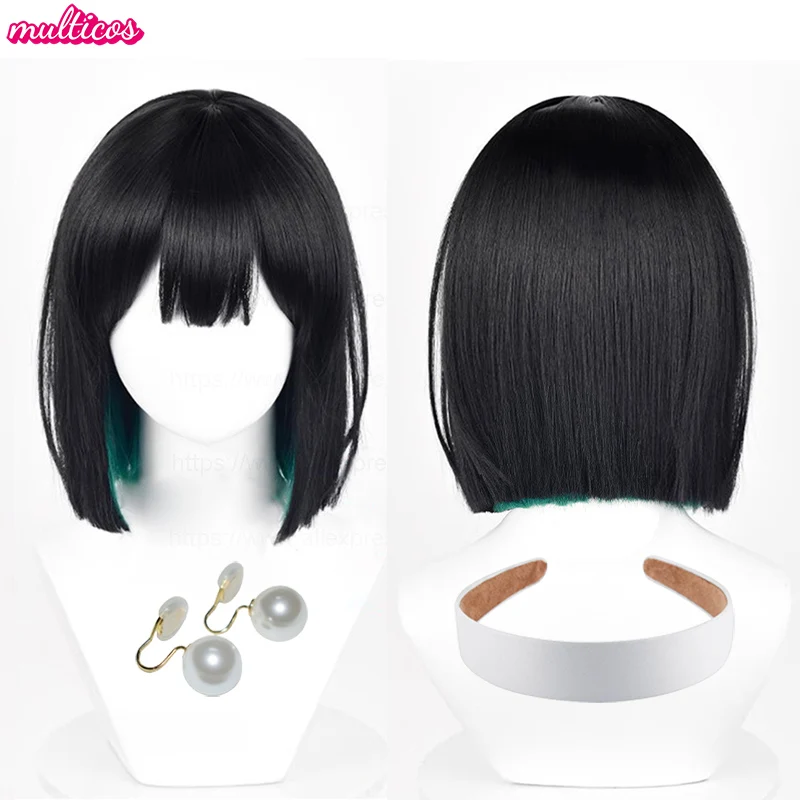 

High Quality Anime Sua Cosplay Wig 30cm Black Green Mixed Bobo Heat Resistant Synthetic Hair Halloween Role Play Wigs + Wig Cap