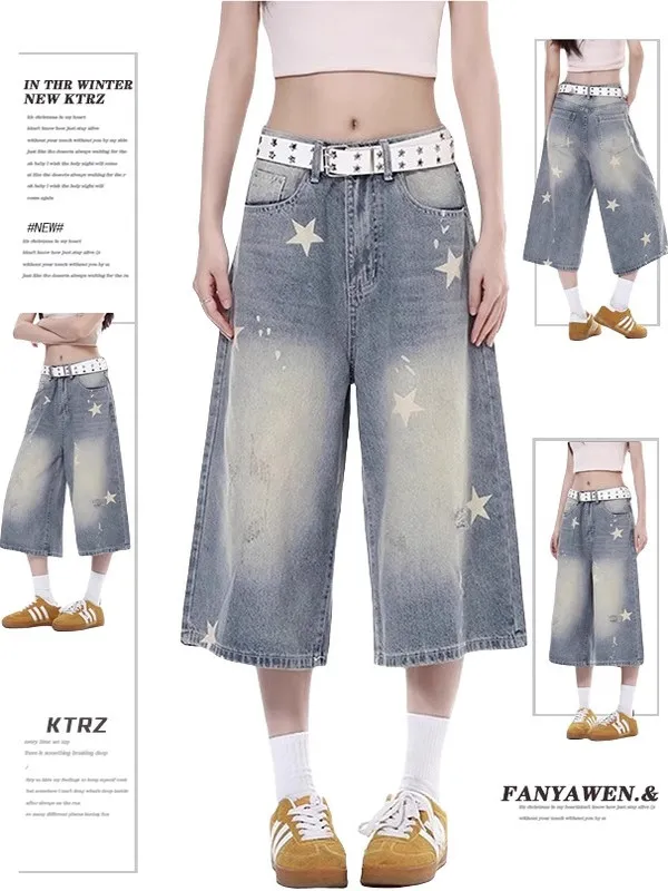 

Retro American Star Print Wide Leg Casual Jeans Capri Pants Women's Summer New Loose Fit Comfortable Denim with Zipper