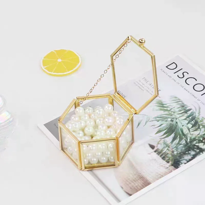 

High-end Hexagonal Ring Box Gold and Jewelry Accessory Golden Glass Luxurious Retro Storage
