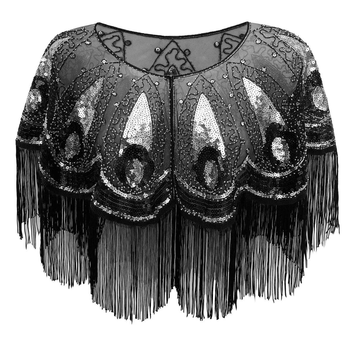 Tassel round Neck Women Vintage Shawl Party Dinner Capes Shawls Mesh Beaded Sequins Fringes Ponchos