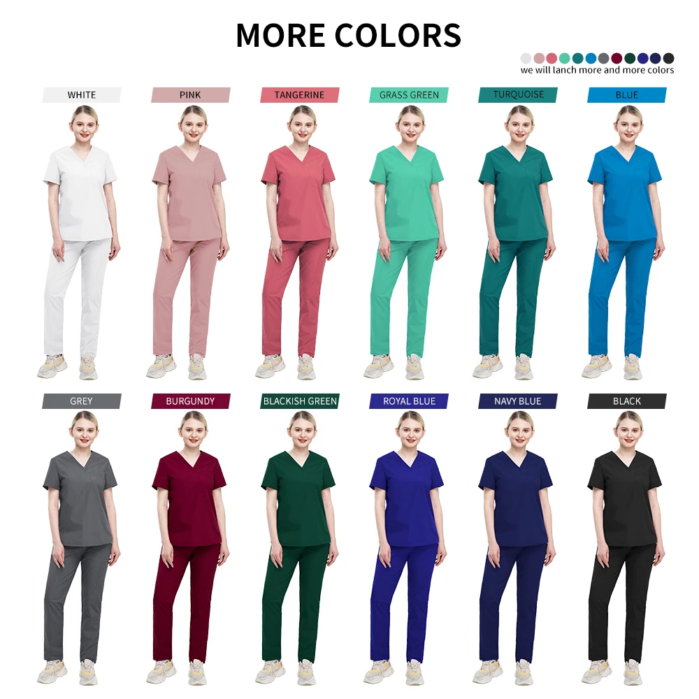 스트레치 스크럽 세트 여성 슬림핏 의료 유니폼 의사 상의 바지 수술복 간호사 액세서리 뷰티 살롱 작업복 스파 세트