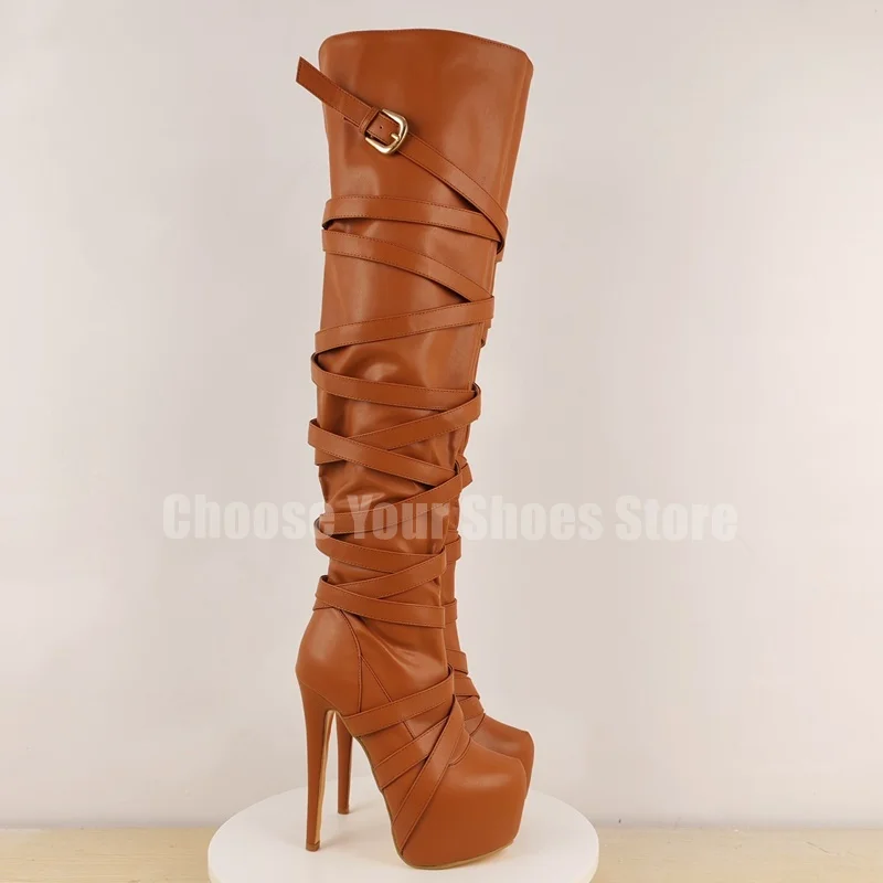 

Brown Belt Fastener Round Toe Platform Boots Side Zipper Women Shoes Thin High Heels Party Feast Dating 2025 Zapatos Para Mujere