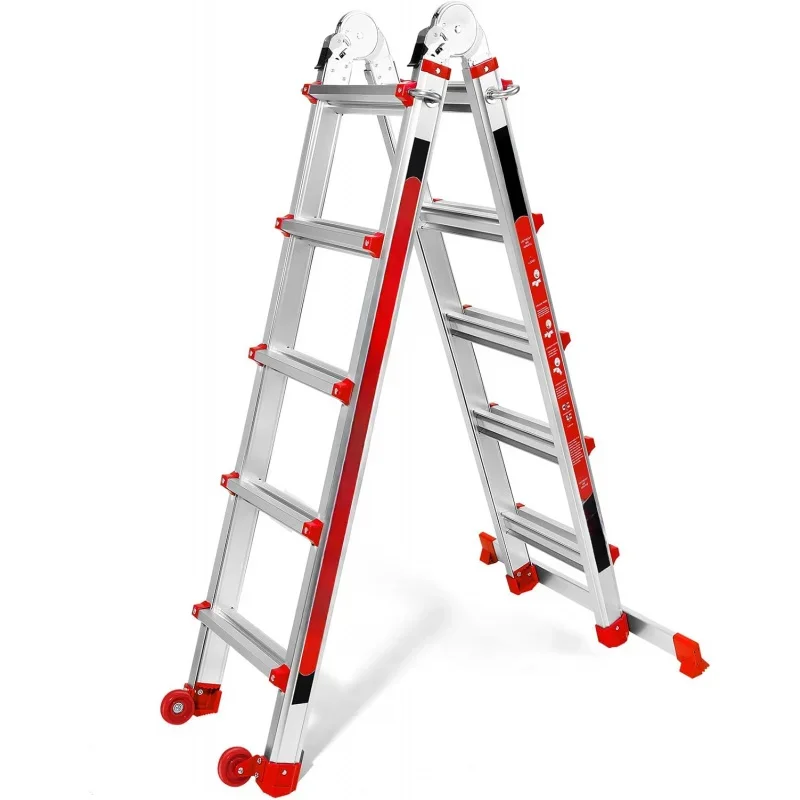 A Frame 5 Step Telescoping Ladder with Stabilizer Bar & Wheels, Heavy Duty 330lbs Max Capacity,Collapsible Multi Position