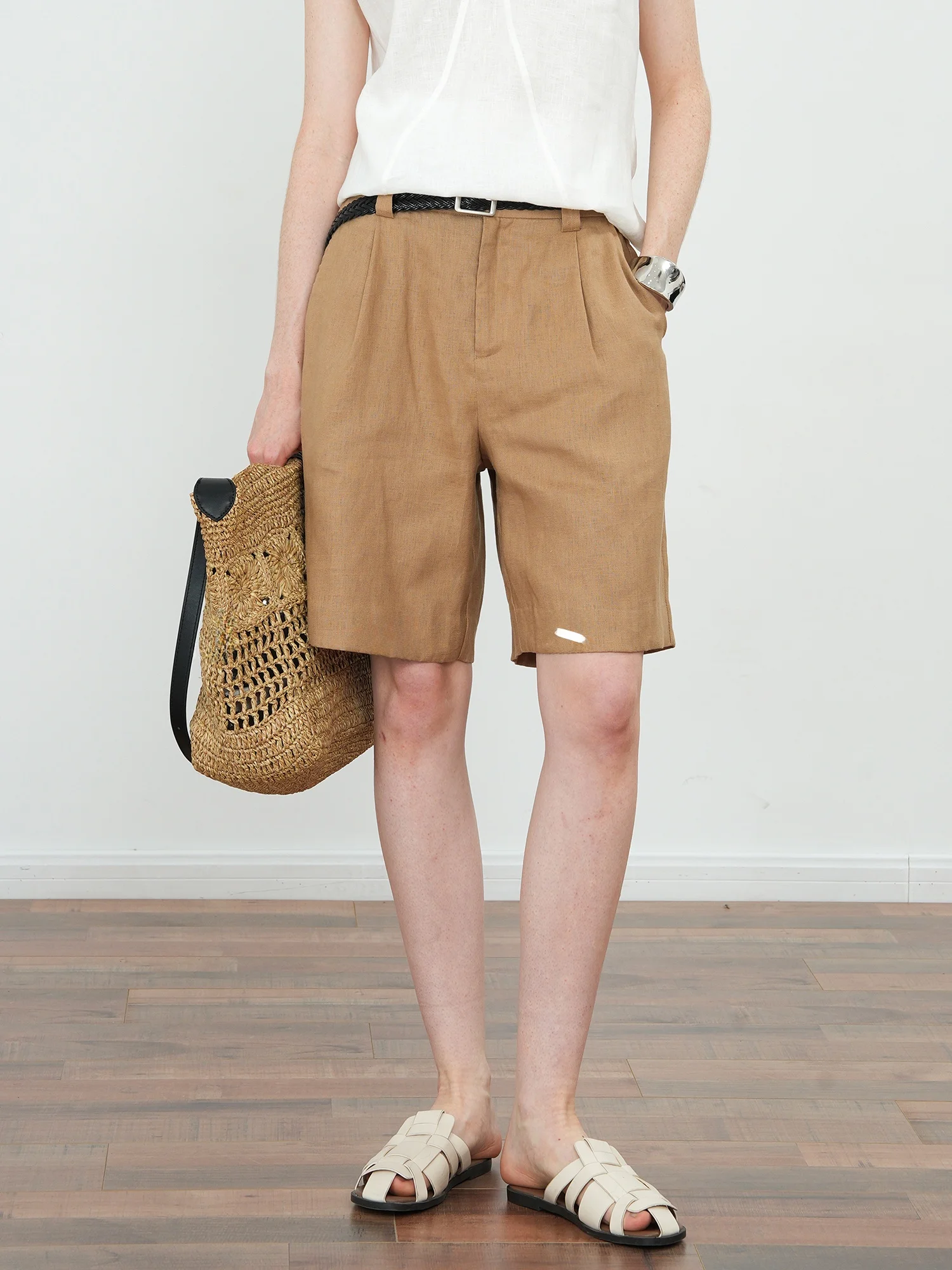 

JWSZ Linen Casual Loose Waist orts with Belt Diagonal Pattern Classic Preppy Sle Women's Straight Leg Pants Summer 2025