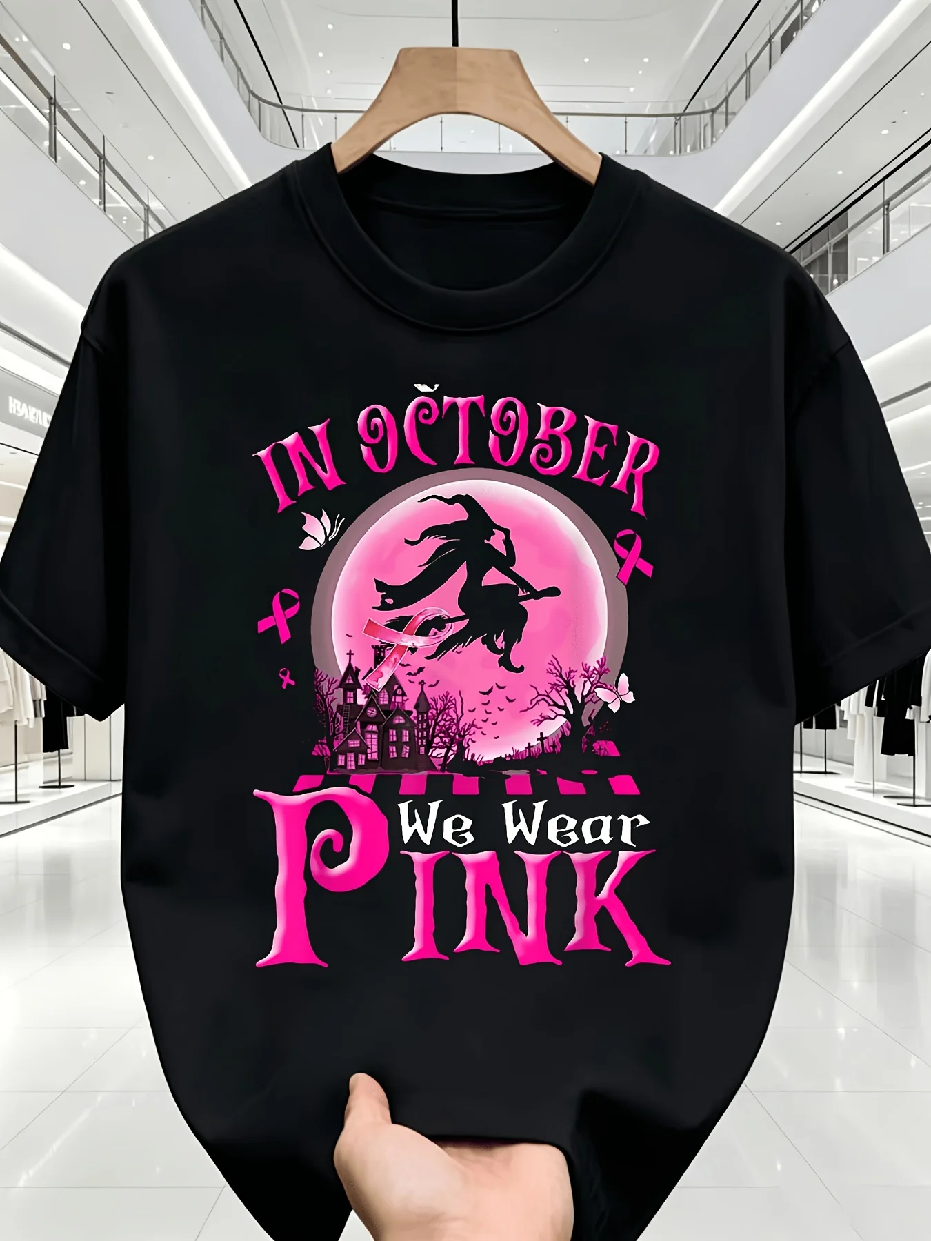 Long-Sleeve Egg Tart Orientation - Halloween Y-PINK Broom Witch, in October We Wear Pink Ribbon Witch Halloween Breast Cancer Print T-Shirt, Short Sleeve Crew Neck Casual Top for Summer & Spring Men'S And Women'S T-Shirt
