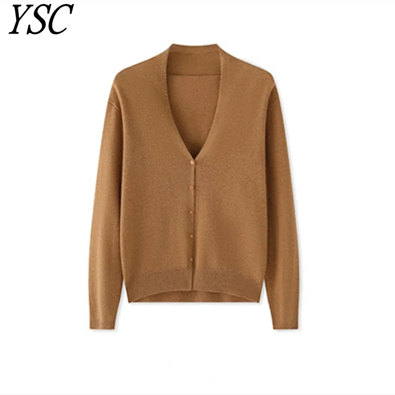 

YSC 2024 Women Knitted Cashmere wool blend Cardigan V neck Single breasted Solid color High-quality Loose fitting Cardigan