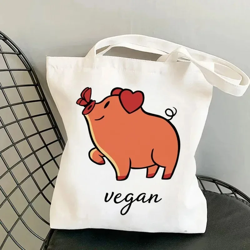 Bolso de hombro bonito con estampado de animales Simple, bolso de compras portátil de gran capacidad ecológico de lona, bolso de mano estético para cerdo y vaca