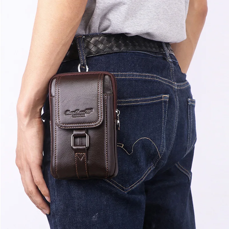 Men Cell/Mobile Phone Case Waist Fanny Pack Bag Genuine Leather Fashion Casual Male Hook Messenger Cross body Hip Belt Bum Bag