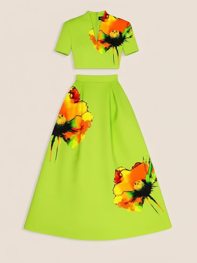 Gymystars Fashion Un abito da donna con gonna verde Set due pezzi Elegante gonna lunga con stampa floreale Top con scollo a V Set casual da donna
