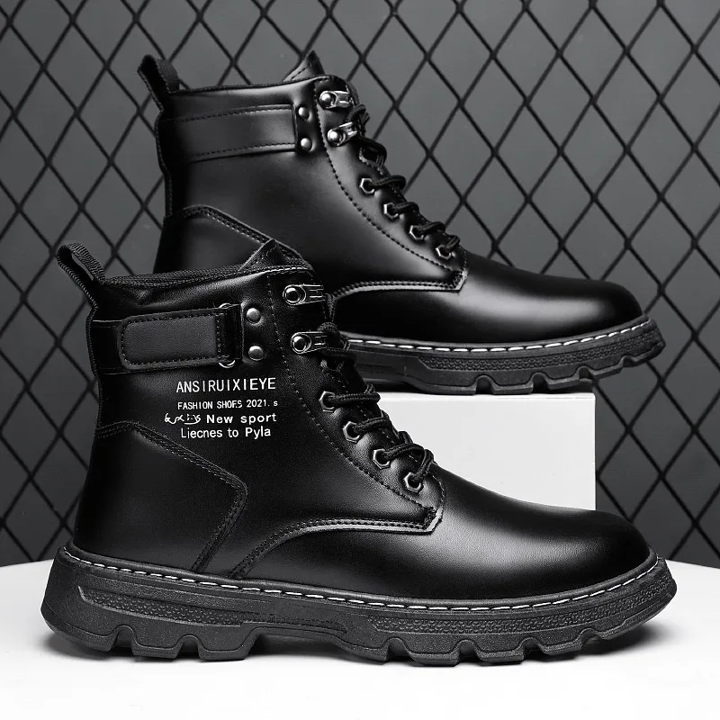 

Men's Boots 2025New British Wind High Top Waterproof Leather Boots Black Non-slip Platform Work Shoes Motorcycle Boots Moccasins
