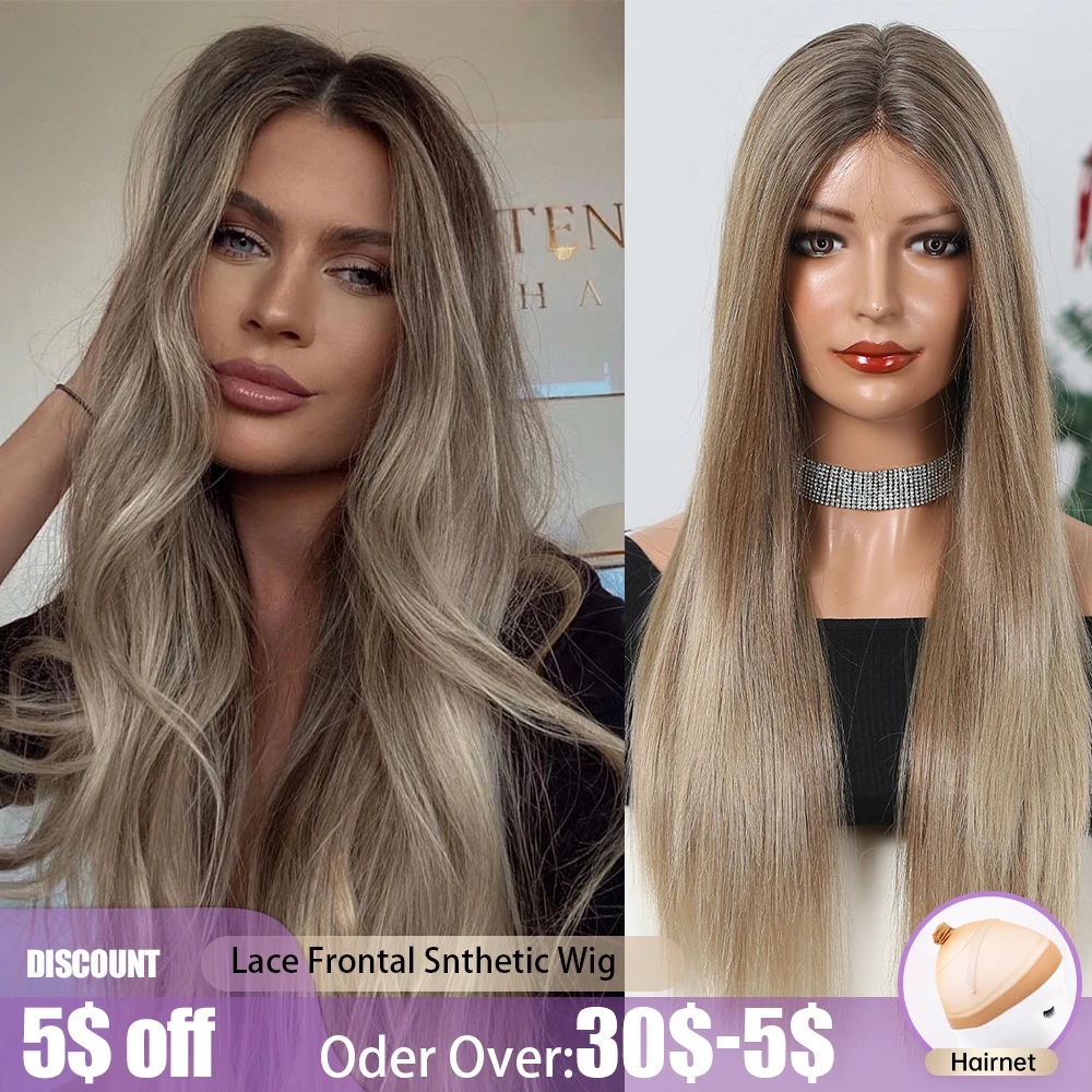 Lace Frontal Synthetic Wigs Brown Blonde Ombre Long Straight Wigs Transparent Glueless Lace Wig for Black White Women 26inch Wig