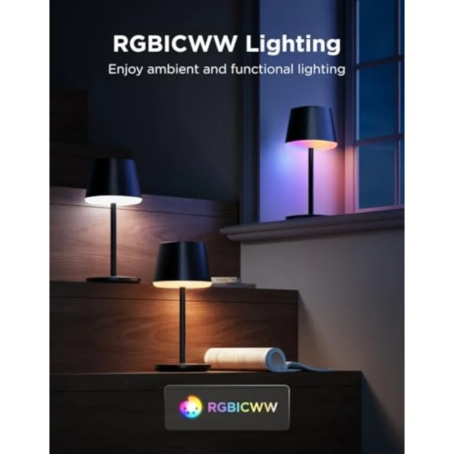 Smart Cordless Table Lamp Classic No Adapter,RGBIC Rechargeable Table Lamp for Bedroom, Living Room, Portable Desk Lamp Works w