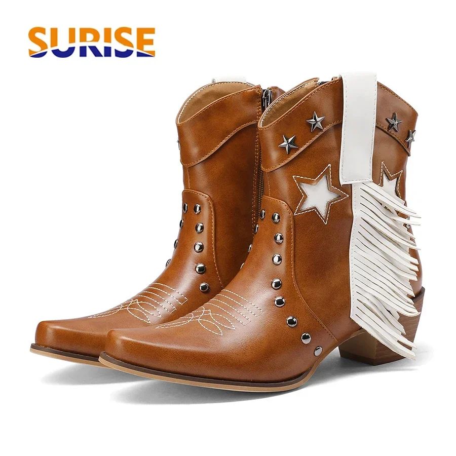 

Зимние женские ботильоны в стиле вестерн на высоком блочном каблуке, коричневые короткие ботинки на молнии со звездами и острым носком в стиле ретро, американские ковбойские короткие сапоги на молнии
