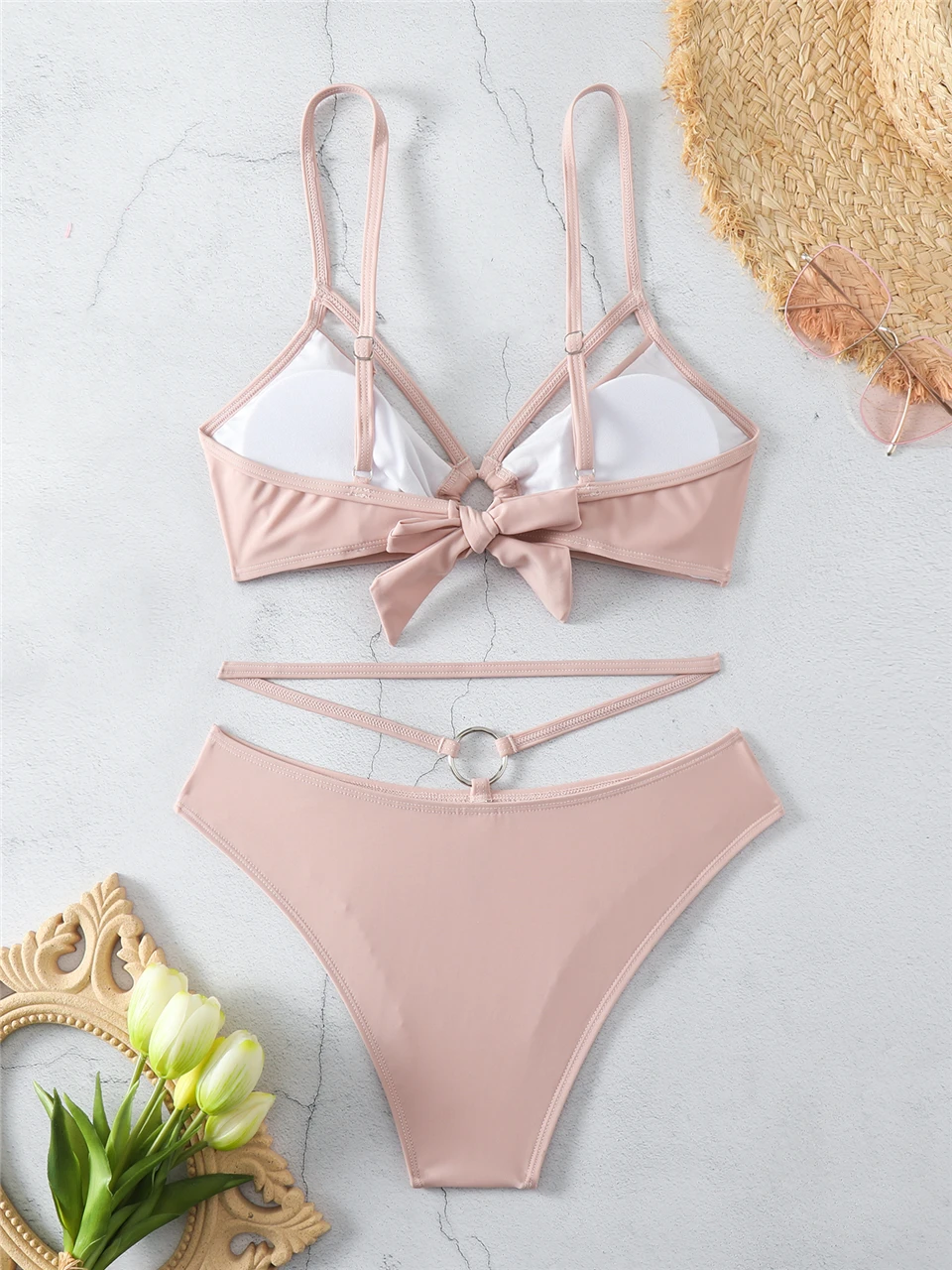 Ring Link Bikini 2024 Women Shoulder Strap Swimwear Lady Sexy Solid Swimsuit Summer Beachwear Lady Bathers Bathing Swimming Suit